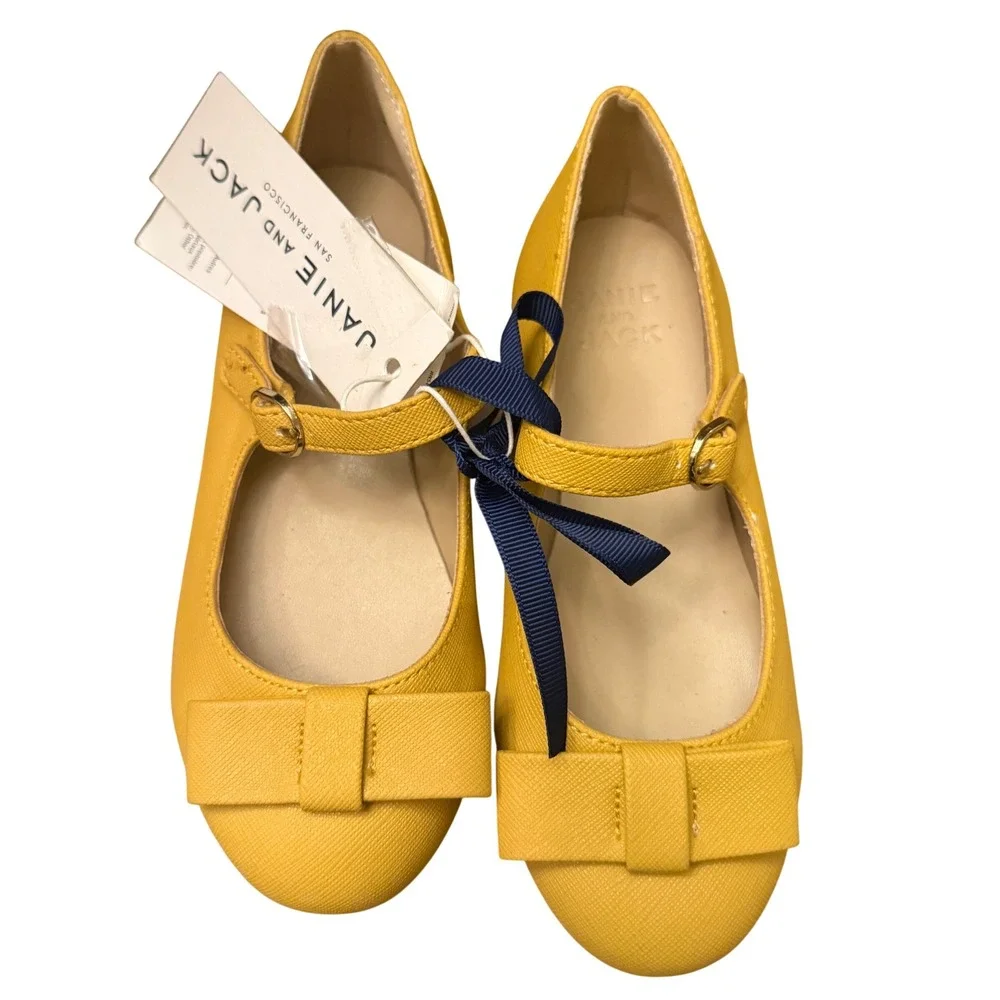 Janie and Jack Kids Mustard Yellow Bow Mary Jane Flats Shoes Girls 12 New w Tags